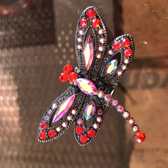 Vintage SNK Stamped Large Swarovski Crystal Dragonfly Claw Clip Hair Jewelry - Picture 5 of 14